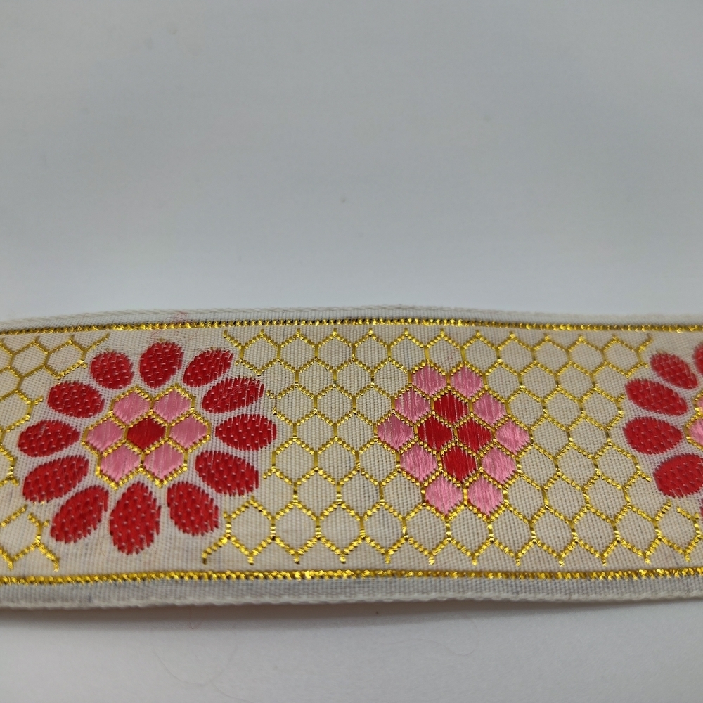 Metallic Jacquard Floral Ribbon Ivory Gold Pink Red Two (2) Yards 1.5” - Picture 3 of 5